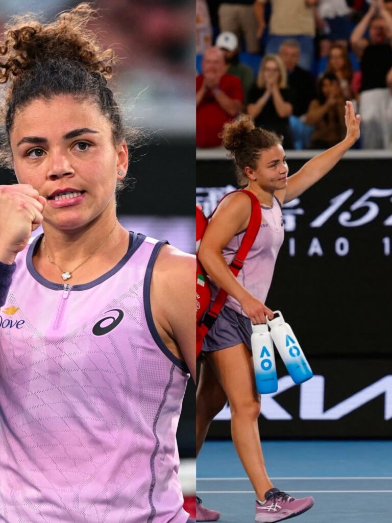 Jasmine Paolini in outfit asics con canotta e gonnellina sui toni del lilla