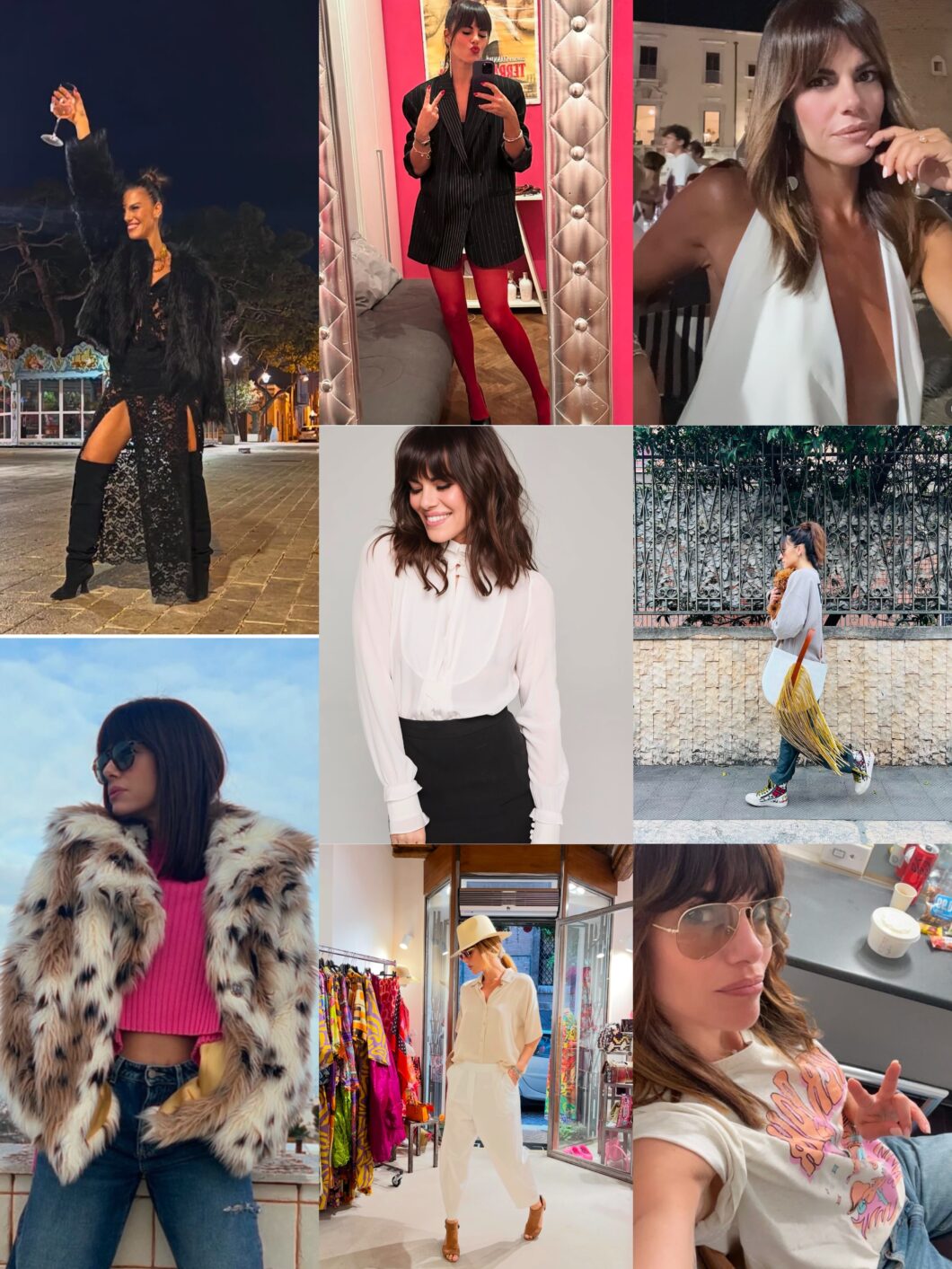Collage di outfit di Bianca Guaccero che denotano uno stile sexy grunge
