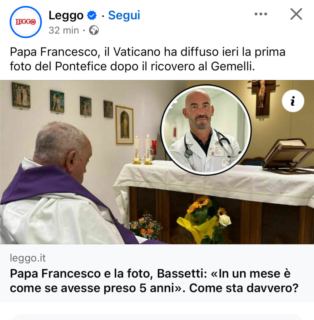 articolo di leggo con foto di bassetti che commenta la foto del papa... 